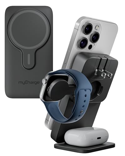 myCharge EcoHub 3-in-1 Magnetic Wireless Charger & Battery Pack for iPhone, iWatch, AirPods - 6,000mAh Battery | Built-in Wall Plug | 15W Magsafe Wireless Output | Foldable | Charging Station | Black - color: Black