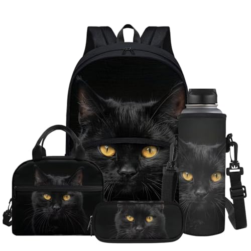 Black Cat Print 4pcs Backpack Set for Kids, Teenage Students Bookbag with Lunch Bag & Pen Pouch & Water Bottle Cover for School Sport Travel - color: Black Cat