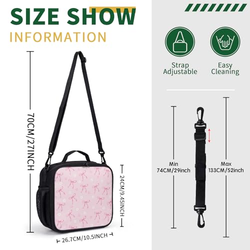 Pink Bow Lunch Box for Girls Kawaii Flowers Love Hearts Lunch Bag with Shoulder Strap for Kids Teens Durable Large Capacity Insulated Lunchbox Thermal Meal Bag for School Picnic - color: A-Bow Pink