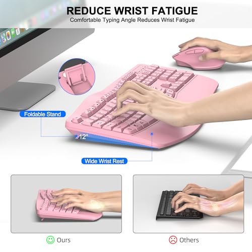 Wireless Keyboard and Mouse Combo, 2.4G Full Size Wave Keys Ergonomic Keyboard with Wrist Rest and 3-Level DPI Adjustable Wireless Ergonomic Mouse for Windows, Mac OS Desktop/Laptop/PC(Pink) - color: Pink