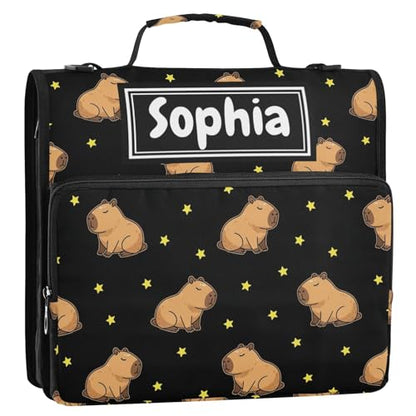 Capybara Stars Black Print Custom Zipper Binder Bag 3 Ring with Shoulder Strap & Handle Personalized Binder Bag Expandable File Folder for School - color: Multi-capybara Stars Black