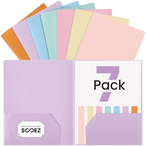 Sooez 7 Pack Folders with Pockets, 2 Pocket Folders with Extra Labels, Plastic Folder with Pockets, Heavy Duty File Folder Bulk, School Business Office Filing Supplies, Sweet Colors - color: Sweet Colors
