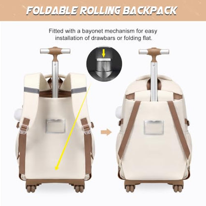 DIGOBAY Rolling Backpack for Girls, Girls Roller Backpack with Lunch Bag and Pencil Case, School Bookbag with Wheels for Elementary Middle High School Travel, Khaki - color: Khaki