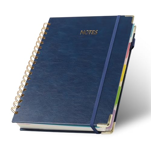 JUNART B5 Hardcover Spiral Notebook Journal with 5 Removable Subject Divider Tabs, 9"x10" Large 300 Pages College Ruled Notebook,180° Flat Lay,100 GSM Thick Paper for Office, Home & School(navy blue) - color: navy blue