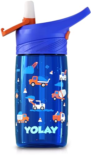 YOLAY 15oz Kids Water Bottle For School Boys and Girls, Durable Toddler Water Bottle with Straw Lid Leak-Proof, Spill Proof, Easy Clean and Dishwasher Safe with Re-Usable and BPA Free - Trucks - color: Trucks