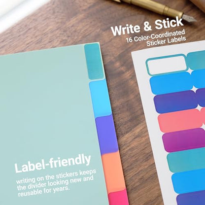 8 Tabs Durable Plastic Write & Erase Large Tabs Dividers for 3 Ring Binders, Rectangle Binder Dividers with Sticker for Study, Teacher, Office, Home Organizers (Multi A, 10 Set (80 Tab)) - size: 10 Set (80 Tab)