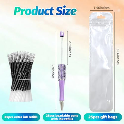150 Pcs DIY Diamond Beadable Pen Kit - 50 Plastic Rhinestone Beaded Pens Bulk with Refills & Bags - Fancy Cute Glitter Pens for Crafting, Students & Teachers – School Supplies (Purple) - color: Purple, size: 50