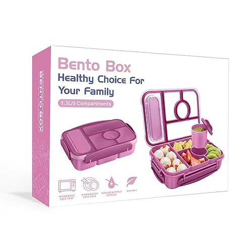 Amathley Bento Box Adult Lunch Box Kids,Lunch Containers for Adults/Kids/Toddler,5 Compartments Bento Lunch Box with Sauce Vontainers,Microwave & Dishwasher & Freezer Safe,BPA-Free (Purple) - color: Purple