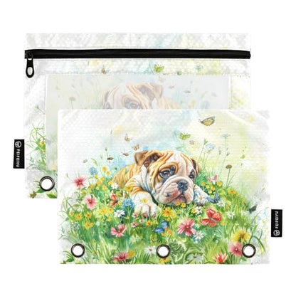 Fustylead Bulldog Puppy Dogs Flowers Pencil Pouch for 3 Ring Binders, Zipper Pencil Bags with Clear Window Organizer for Cosmetic Office School Students 2 Pack - color: Bulldog Puppy Dogs