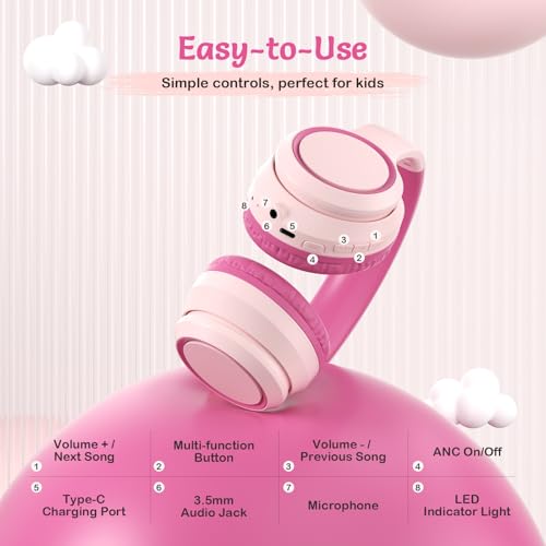 TONOSHARK Kids Bluetooth Headphones with Active Noise Cancelling, Wireless Over-Ear Headphones for Boys Girls, Foldable, Adjustable, 40H Playtime, Mic for School Travel(Pink) - color: Pink