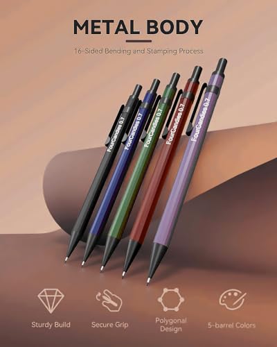 Four Candies Metal Mechanical Pencils 0.7mm, with #2 Pencil Leads 0.7, Eraser Set and Eraser Refills, 19-Count Pack with Case, Back to School Supplies for Writing, Drawing, Sketching - size: 5 Count (Pack of 1), style: 0.7mm