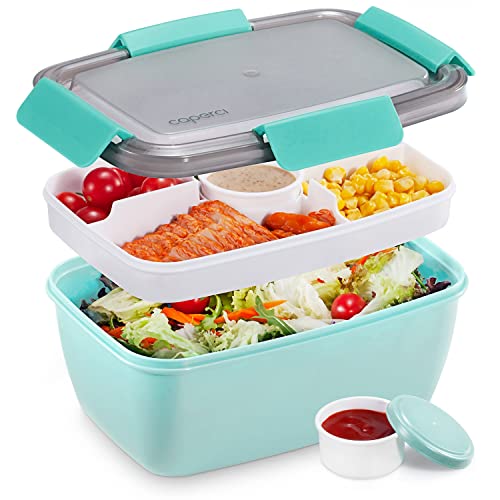 Caperci Large Salad Container Bowl for Lunch - Better Adult Bento Lunch Box 68 oz, 5-Compartment Tray, 2pcs 3-oz Sauce Cups, Stackable, BPA-Free (Aqua Sky) - color: Aqua Sky