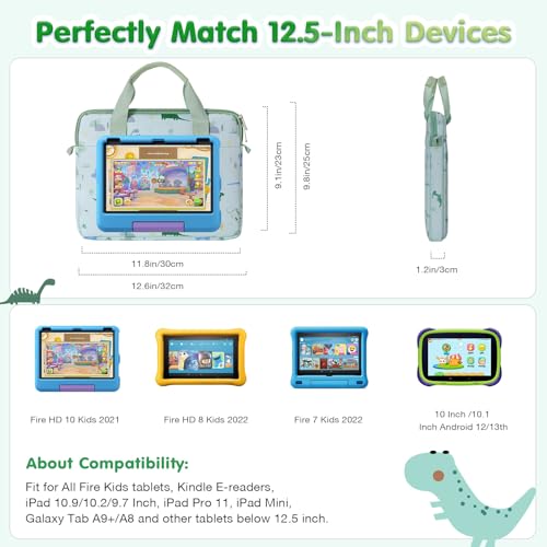 MoKo 10-12.5 Inch Kids Tablet Sleeve Carrying Case for Fire HD 10 13th/11th Gen, Fire HD 8/7 Kids 2022, Tablet Bag with Shoulder Strap for 10/10.1 Inch Android 12/13, Green Dinosaur - color: Green Dinosaur, style: 12.5 Inch