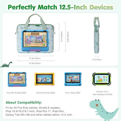 MoKo 10-12.5 Inch Kids Tablet Sleeve Carrying Case for Fire HD 10 13th/11th Gen, Fire HD 8/7 Kids 2022, Tablet Bag with Shoulder Strap for 10/10.1 Inch Android 12/13, Green Dinosaur - color: Green Dinosaur, style: 12.5 Inch