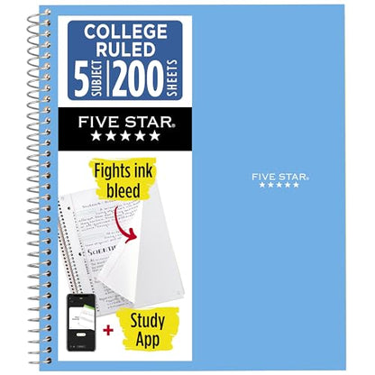 Five Star Spiral Notebook + Study App, 5 Subject, College Ruled Paper, 8-1/2" x 11", 200 Sheets, Fights Ink Bleed, Water Resistant Cover, Pacific Blue (73635) - color: Blue, size: 1 Count (Pack of 1)