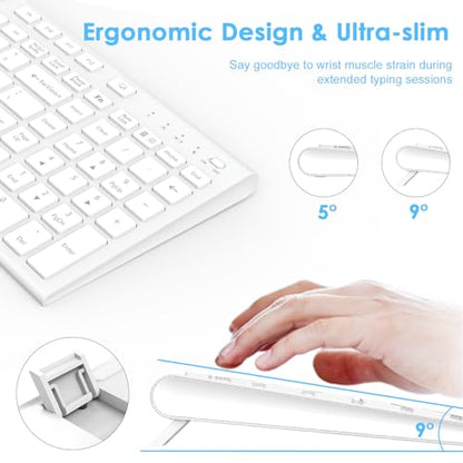 FENIFOX Wireless Keyboard and Mouse, Rechargeable USB C Combo Silent Quiet Compact Full Size Flat with Number Pad Soft Cover for Mac MacBook iMac Windows PC Laptop Computer Office - White - color: White