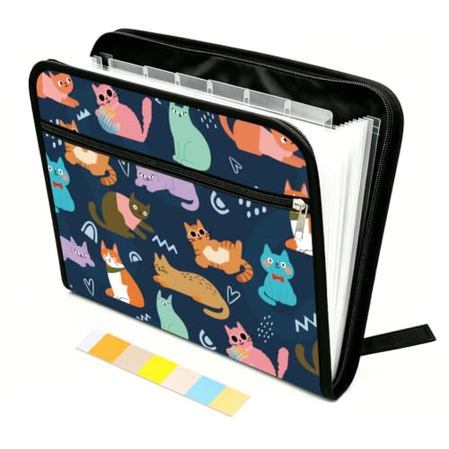 WEBEEDY Cartoon Cat Expanding File Folder 13 Pockets Cute Cat Accordion File Organizer with Labels and Zipper, Waterproof Portable Document Organiser for A4 Paper Photo Letter Receipt Paperwork - color: Cartoon Cats