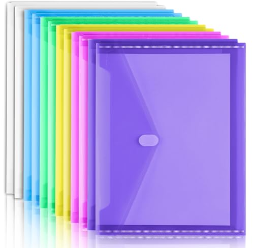 Sooez 12 Pack Plastic Envelopes File Folders, Plastic Folders with Safe Closure, Colored Folder for Documents Organizer Letter/A4 Size, Clear Filing Folder for Office School Supplies Storage, 6 Colors