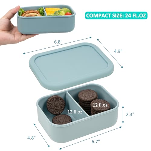 100% Silicone Bento Box Adult with 2 Compartments, 24oz, Reusable Small Divided Lunch Box Meal Prep Containers for Food Snack Storage, BPA-Free Plastic-Free, Microwave Dishwasher safe, Green - color: Green | 24oz | 2-Compartment