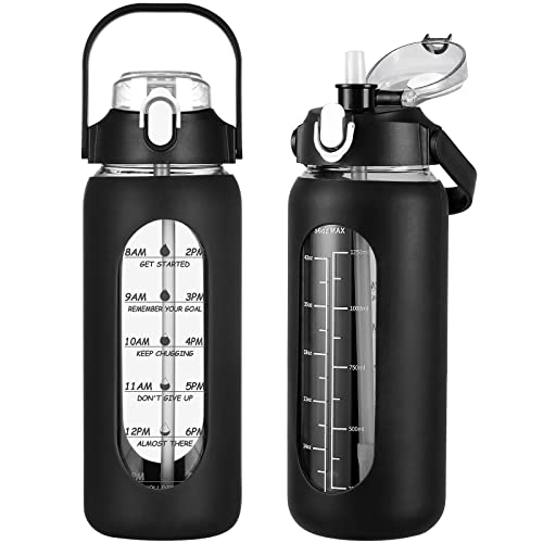 56oz Glass Water Bottles with Straw, Motivational Glass Bottle with Silicone Sleeve and Time Marker, Leakproof Large Glass Water Jug for Gym Home Office, Black. - color: Black, size: 56 Ounces