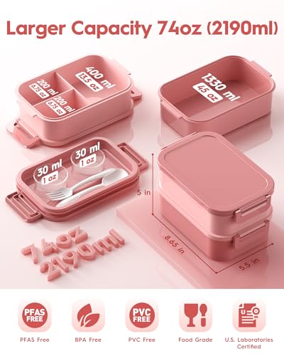 Adults Bento Box with Insulated Lunch Bag, 74oz Capacity 3 Stackable Leak-Proof Bento Box Built-In Utensil and Sauce, PFAS & BPA-Free, Microwave & Dishwasher Safe (Rose Pink) - color: Rose Pink