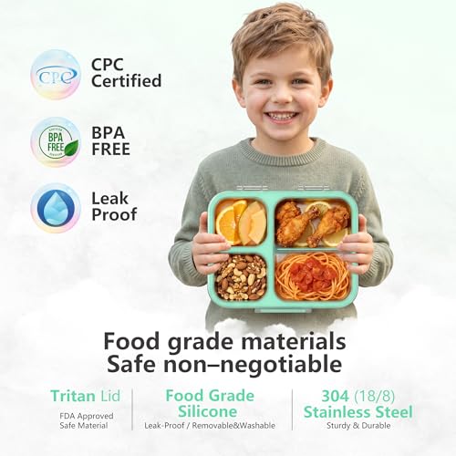 Stainless Steel Bento Lunch Box, 34oz/1000ml Leak Proof Metal Container, Lightweight 3mm Ultra-Narrow Bezel with Tritan Lid for Kids & Adults, 3-Compartment, BPA/BPS Free, Dishwasher Safe, Green - color: Green, size: 34oz/1000ml