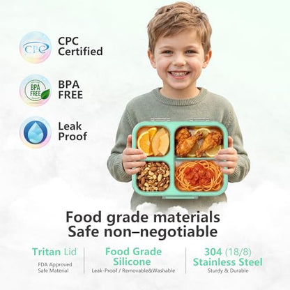 Stainless Steel Bento Lunch Box, 34oz/1000ml Leak Proof Metal Container, Lightweight 3mm Ultra-Narrow Bezel with Tritan Lid for Kids & Adults, 3-Compartment, BPA/BPS Free, Dishwasher Safe, Green - color: Green, size: 34oz/1000ml