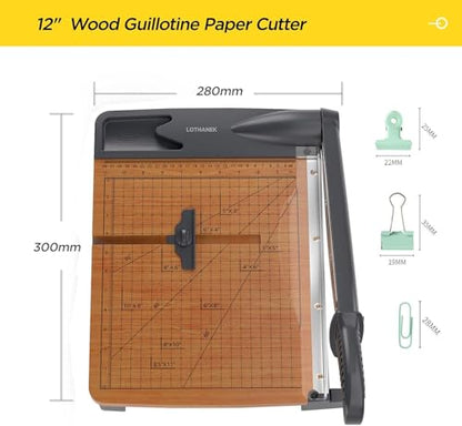 12'' Wood Guillotine Paper Cutter, Heavy Duty Wood Base Paper Trimmer with 30-32 Sheets Capacity Paper Cutting Board for Classroom, Crafting, Cardstock (Gray)