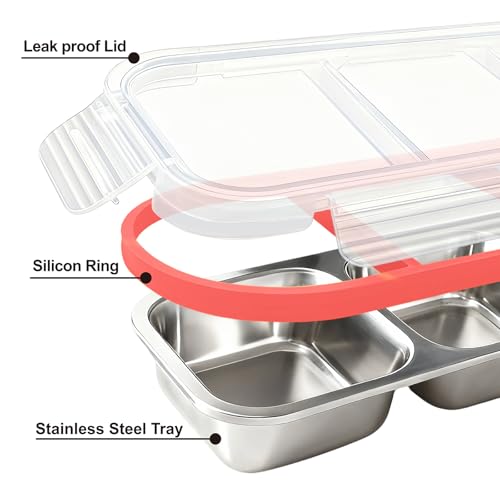 3-Pack Stainless Steel Bento Box - 2+3+3 Compartment Leak-Proof Snack Containers for Kids & Adults, Reusable Lunch Box for Lunchables, Snack Packs (2/3/3 Red) - color: 2+3+3 Compartments Red