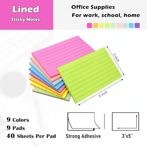 9 Pack Lined Sticky Notes 3x5 in Large Sticky Notes, 9 Bright Multi Colors Self Big Sticky Notes Pad Its, Strong Adhesive, Sticky Note Large for Notebook, Office, School and Home - size: 3x5 in