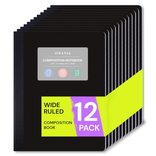 ONAVIA Plastic Composition Notebook Wide Ruled Bulk, 160 Pages, Black | 80 Sheets, 9.75 x 7.5 in, 12 Pack Poly Cover Notebook, Waterproof, Durable, Sewn Binding, Notebooks for School - color: Black, style: 12 Pack