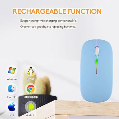 LED Wireless Mouse, Slim Silent Dual-Mode 2.4G+BT Rechargable 7-Color Portable Mobile Optical Office Mouse with USB Receiver, 3 Adjustable DPI Levels for Notebook, PC, Computer, MacBook (Blue) - color: Blue