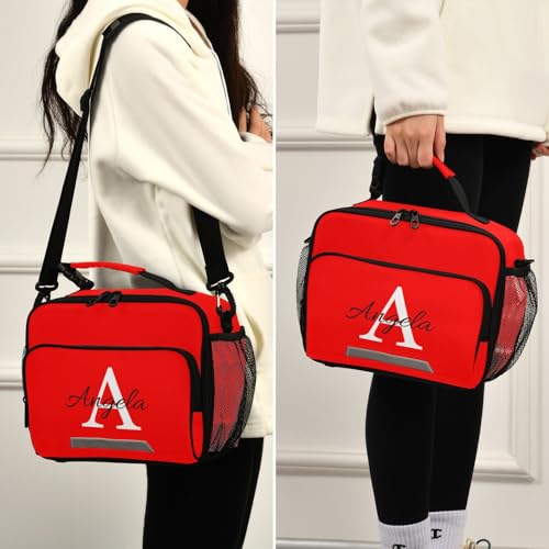 Custom Student Lunch Bag for Boys Girls Red Solid Color Personalized Name Lunch Box Insulated Cooler Bag for School Picnic Office - color: Multi17
