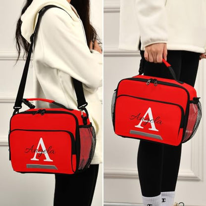 Custom Student Lunch Bag for Boys Girls Red Solid Color Personalized Name Lunch Box Insulated Cooler Bag for School Picnic Office - color: Multi17