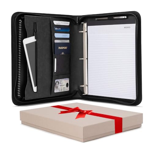 Forevermore Portfolios Padfolio Binder - Professional Faux Leather Travel Organizer Pouch for Tablet, Documents, Presentation Folders, Zipper Closure, Removable 3-Ring Notepad - Black - color: Black, size: 1-inch Removable Ring Binder, style: Portfolio wi