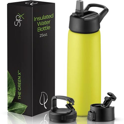 SipX™ 25 oz Insulated Water Bottle with 3 Lids – Leakproof Stainless Steel, Triple Insulated – Cold 24 Hours/Hot 12 Hours – Durable Bottle for School, Gym, Travel – Yellow - color: Yellow, size: 25 Ounces