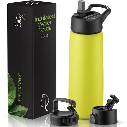 SipX™ 25 oz Insulated Water Bottle with 3 Lids – Leakproof Stainless Steel, Triple Insulated – Cold 24 Hours/Hot 12 Hours – Durable Bottle for School, Gym, Travel – Yellow - color: Yellow, size: 25 Ounces