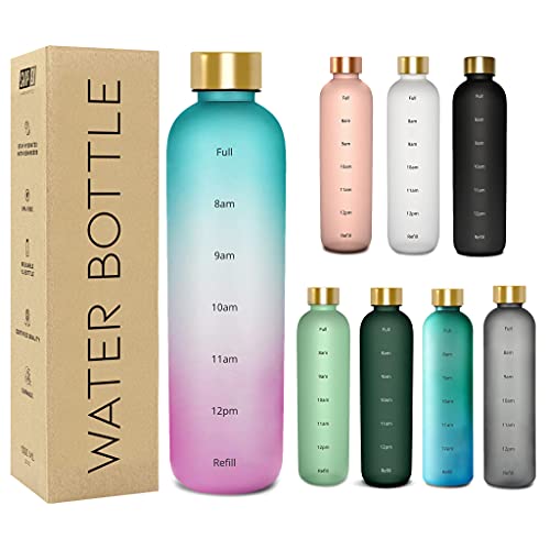 SHAPEX - Time Marked Cute Water Bottles For Women And Men With Times To Drink, BPA Free Frosted & Aesthetic Water Bottle With Time Marker, Clear Water Bottle 1 Liter | 32 Oz (Green Purple)