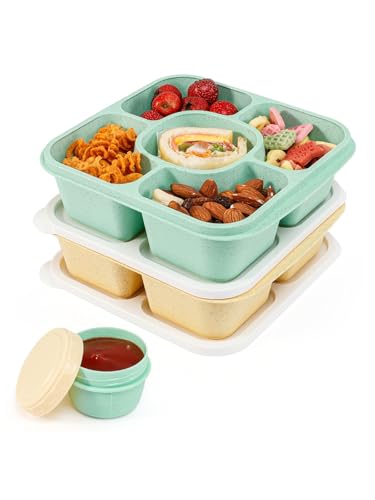 Original Lunchable Snack Containers - 5 Compartments Bento Snack Boxes with 1 Leakproof Small Containers, Wheat Straw, BPA-Free, Set of 2 (Green+Yellow) - color: Green+Yellow