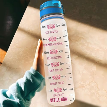 Hyturtle Personalized Axolotl Water Bottle - 32oz Motivational Water Bottle with Leak-Proof Lid & Time Marker - Custom Name Gift for Axolotl Lovers, Women, Girls, Boys - Birthday & Christmas Gift - color: Axolotl