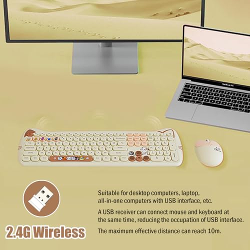 Cute Cat 2.4G USB Wireless Keyboard and Mouse Combo, Silent Keys, Candy Colors, Compatible with Notebook, PC (MilkTea-110Keys) - color: MilkTea-110Keys