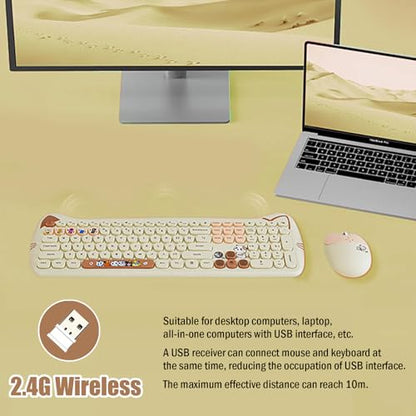 Cute Cat 2.4G USB Wireless Keyboard and Mouse Combo, Silent Keys, Candy Colors, Compatible with Notebook, PC (MilkTea-110Keys) - color: MilkTea-110Keys