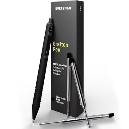 Everyman Black Super Matte Grafton Pen & Refill Set | Refillable Metal 0.7mm Gel Pen with 3 Smooth Black Ink Refills | Premium EDC Writing Tool for Office, Work, Travel & Gifting - color: Black, style: Pen with Refills Bundle