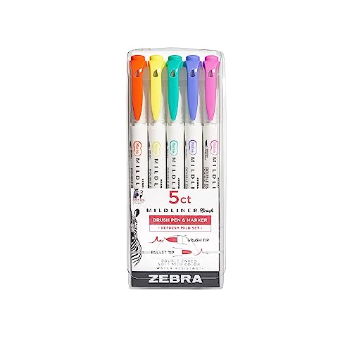 Zebra Pen Mildliner Double-Ended Brush Pen, Brush and Ultra Fine Point Tips, Ideal for Bible Highlighting, No Bleed, Assorted Refresh Ink Colors, 5-Pack (79405) - color: Refresh Ink Colors