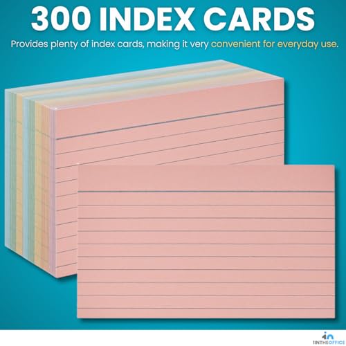 1InTheOffice 3x5 Ruled Index Cards, Assorted Pastel Colors, 300 Pack