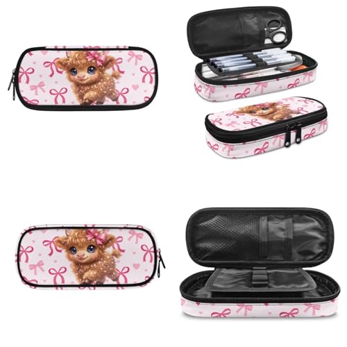 3-in-1 Girls Backpack School Bag and Lunch Box Set Pencil Case for Middle School Teen Highland Cow Print Lightweight Elementary Schoolbags Book Bag Travel Casual Daypack - color: Pink Bows-highland Cow Print