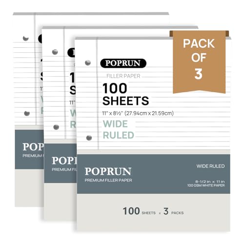 POPRUN Loose Leaf Paper Wide Ruled, 3 Pack, 3 Hole Punched Binder Papers | 100 GSM, 11/32" Lined Notebook, 100 Sheets Each, Office, Home, Meeting Notes, School Supplies