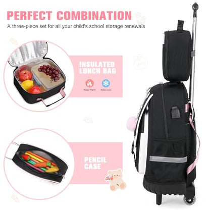 Bevalsa Rolling Backpack for Girls, 3PCS Roller School Backpack Set | with Lunch Box & Pencil Case, Kids Bookbag with Wheels for Teen Girls Elementary Middle High School Students - color: Black White