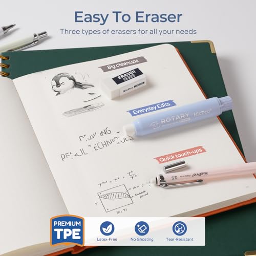 Nicpro Cute Mechanical Pencil Set, 4PCS 0.5mm Pastel Drafting Pencils with 4 Tube HB Lead Refills, 4B Erasers, Rotary Retractable Eraser and Eraser Refill for Writing Sketching Back to School Supplies - style: 0.5mm