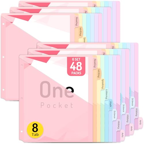 Forvencer 48 Count Dividers for 3 Ring Binder, 8 tabs Binder Dividers with Pocket for US Letter Size, Binder Dividers with Tabs for School Office and Home Organization, Multicolor, 6 Sets - color: Pink, size: 6 Sets